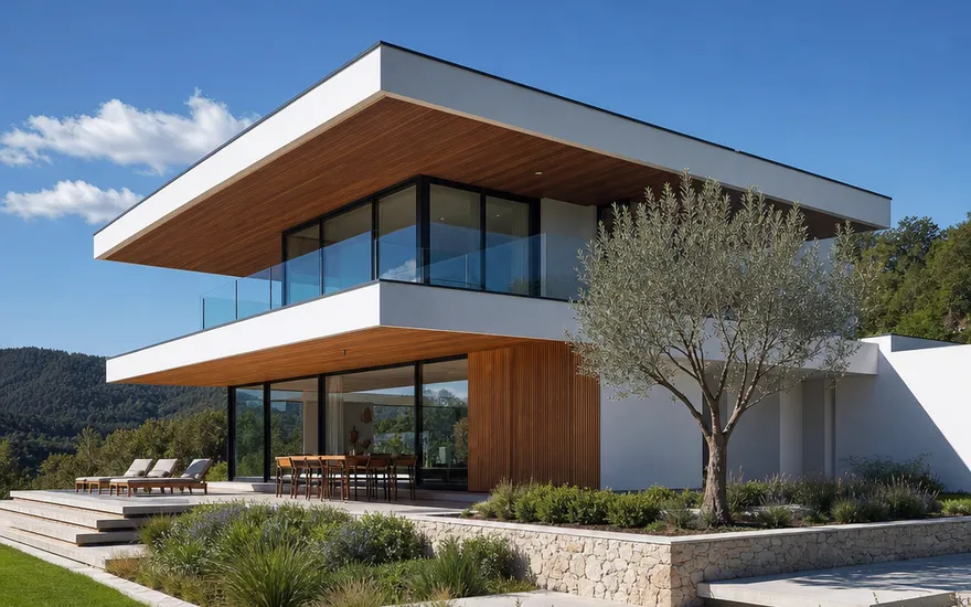 Fertig Haus im Bauhausstil: klare Kanten, viel Glas, Flachdach Kubisches Design-Fertighaus im Bauhausstil mit Flachdach und großzügiger Glasfront – Titelmotiv des Fertighausmagazins